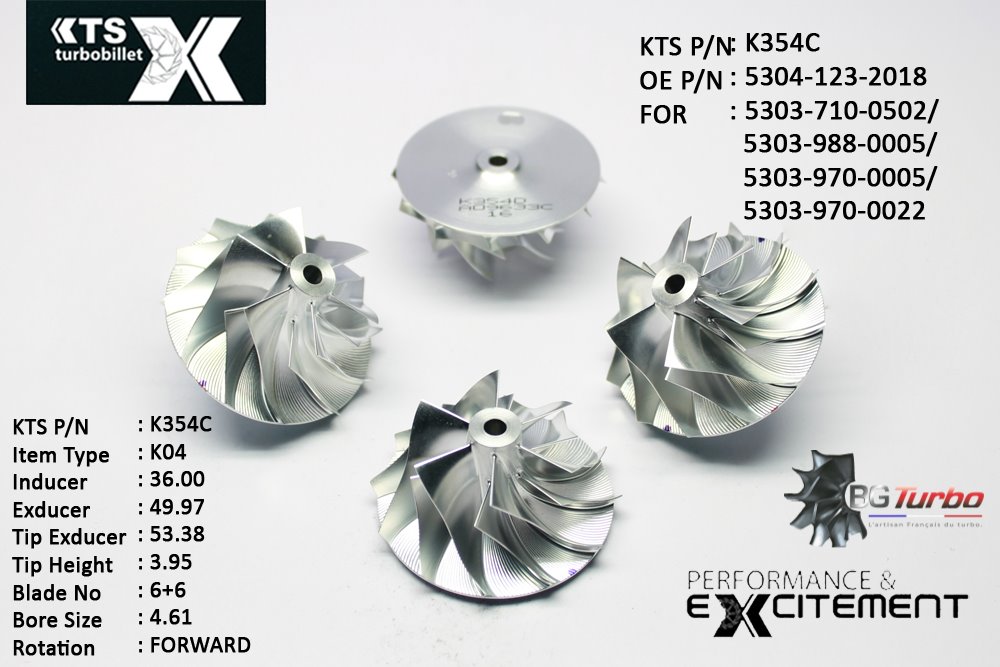 Turbo ROUE FORGÉE MFS PERFORMANCE - 6+6 PALES - INDUCER : 36 - EXDUCER : 49,97 - TYPE : K04ANGLE : 75° - ROTATION : Forward - SUPER BACK : 1,8 - BORE SIZE : 4,61
